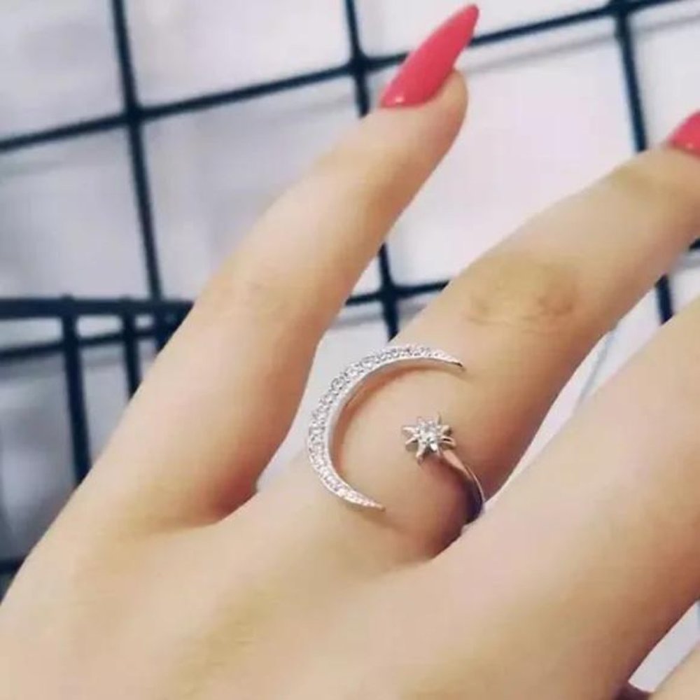 NEW MOON STAR 925 STERLING SILVER DIAMOND ADJUSTABLE RING, CUTE RING, SHINY RING - Picture 6 of 6